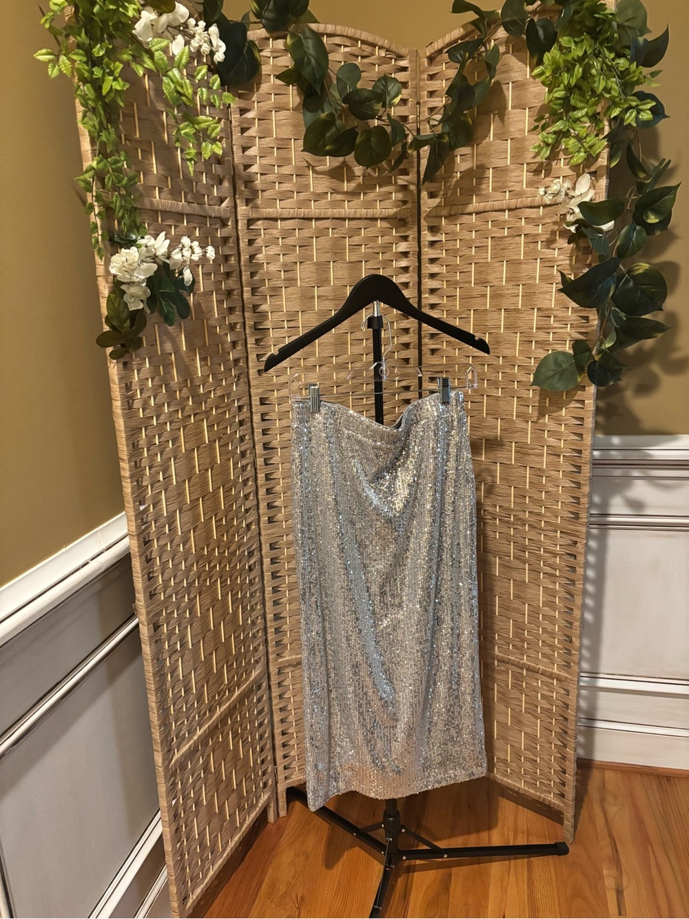 Silver Sequin Midi Skirt with Draped Waist